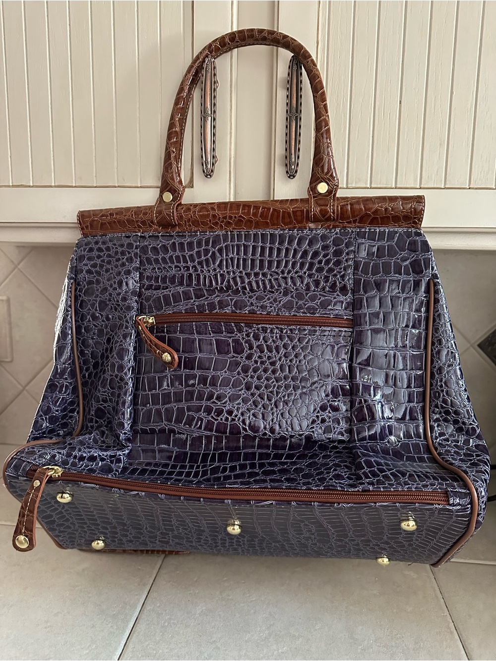 Croc-Embossed  Travel Tote in Dark Purple and Brown Trim by Samantha Brown
